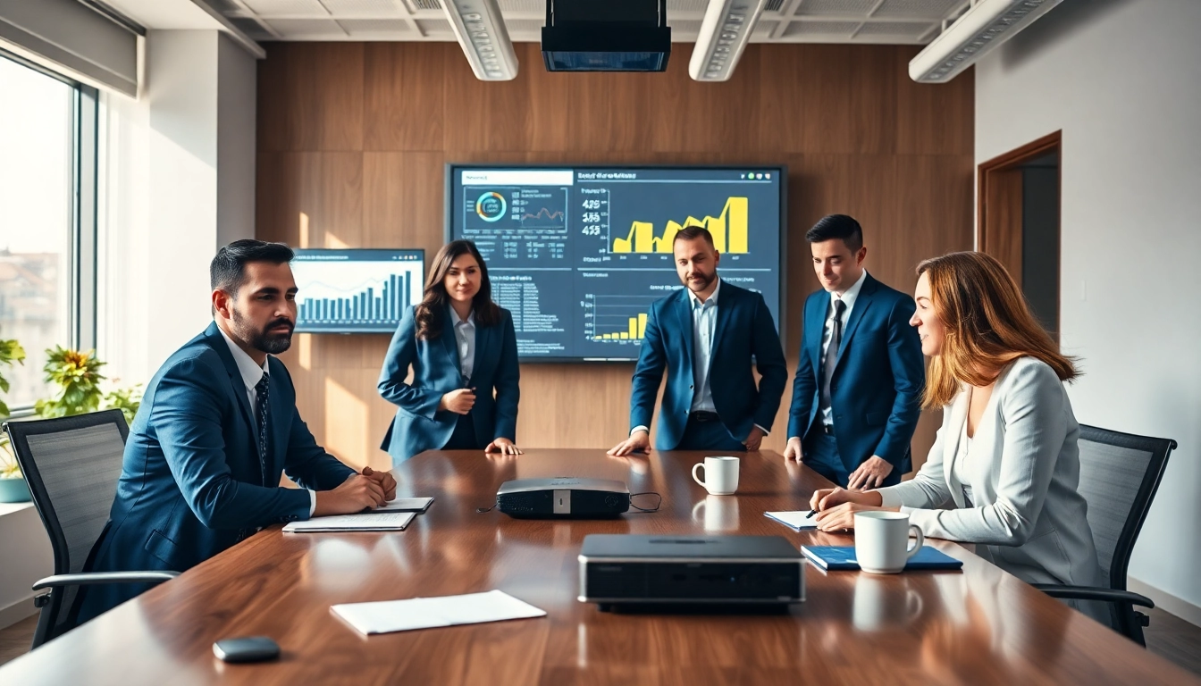Quickplus Business Consultants collaborating in a modern meeting room with digital displays.