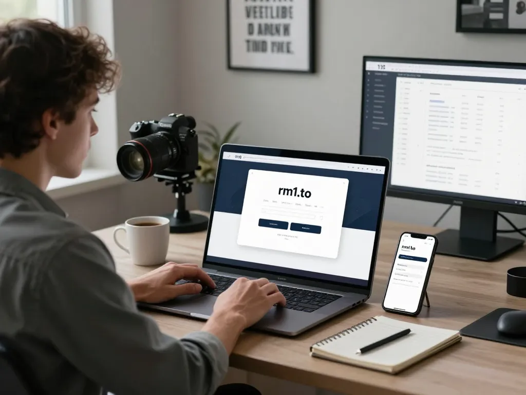 Secure rm1.to login interface with user actively engaging on a laptop, emphasizing online account accessibility.