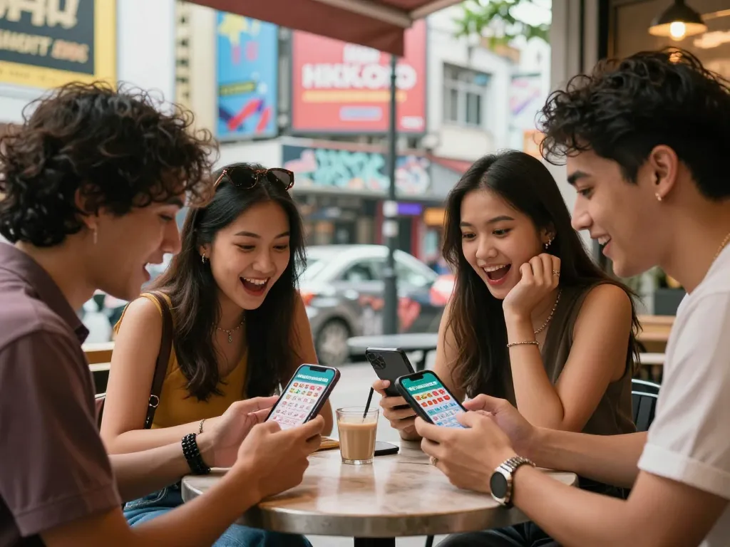 Sekelompok teman memeriksa hasil Pengeluaran HK Lotto di kafe, menampilkan kegembiraan dan suasana perkotaan yang hidup.