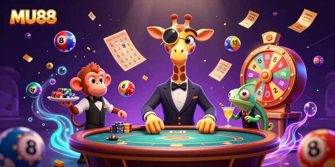 Engage in exciting gameplay at MU88 with a high-roller giraffe, monkey valet, and chameleon bartender in a vibrant casino scene!