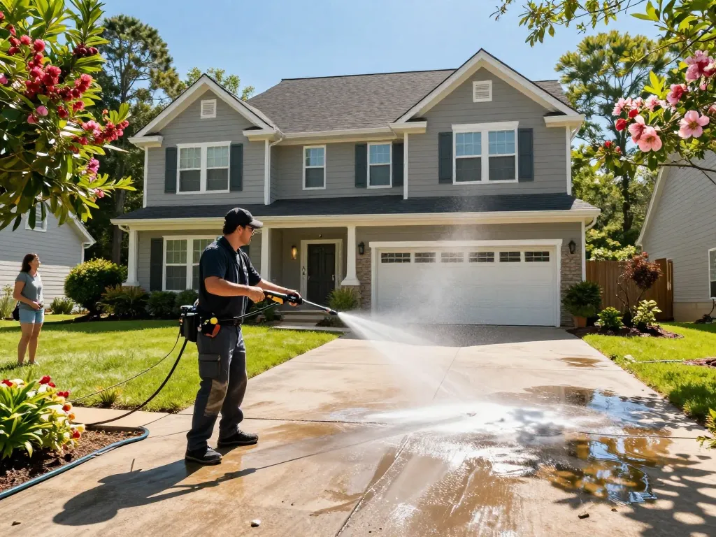 House washing Atlanta GA scene with technician cleaning home exterior in suburban neighborhood.