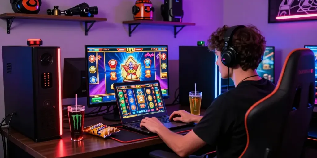 Immersive gaming scene showcasing a player enjoying situs slot games on a laptop with vibrant graphics and snacks.
