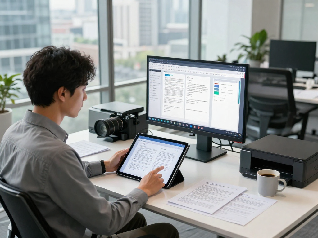 Document fraud detection process in a modern office setting with professional evaluating documents on a tablet.