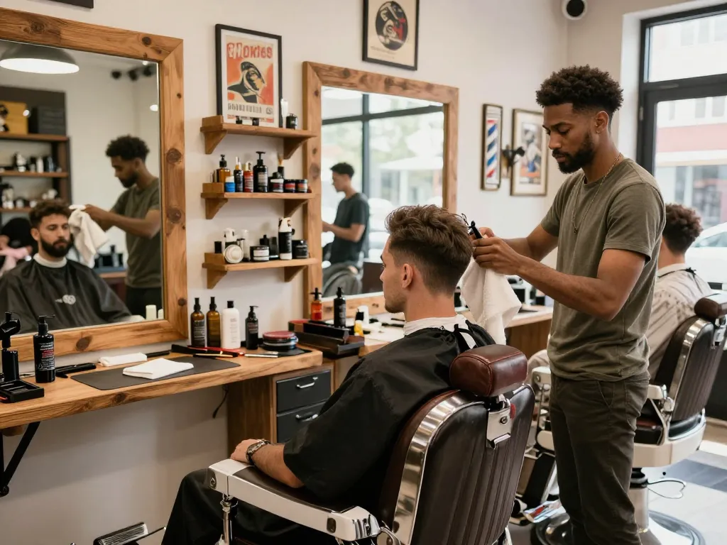 Manclub grooming scene in a barbershop showcasing male camaraderie and style.