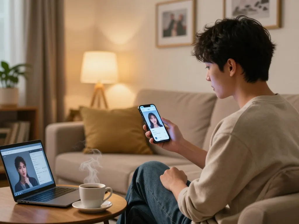 User engaging with an AI gf app in a cozy living room, depicting emotional interaction