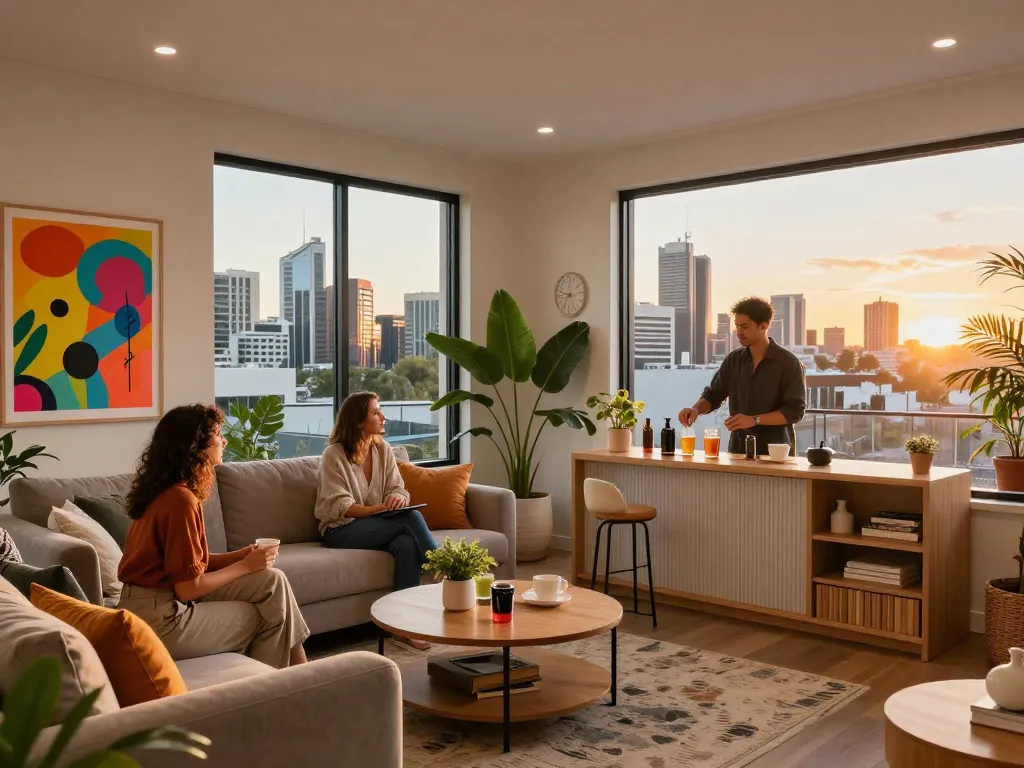 Stylish Airbnb management in Perth, showcasing a modern living space with a welcoming host for guest experience.