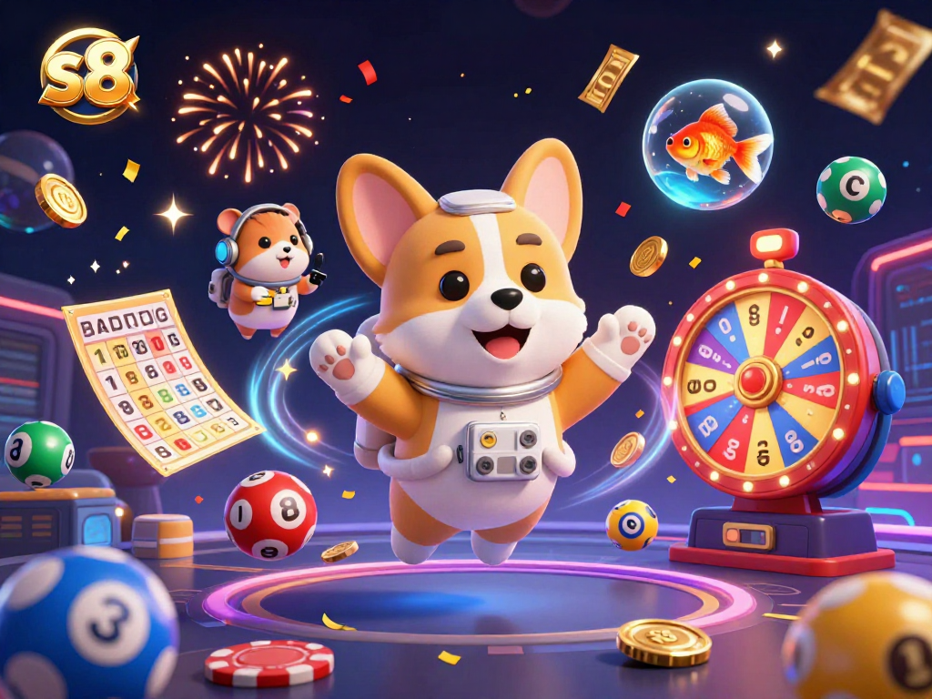 Experience the vibrant world of s8 casino with floating characters, poker, and colorful lottery elements.