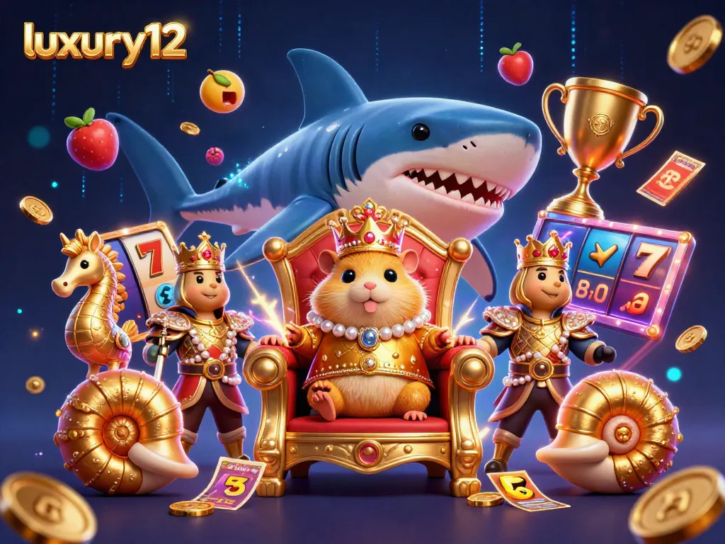 Engaging illustration of luxury12 featuring a golden hamster king surrounded by slot elements, promoting exciting gameplay.