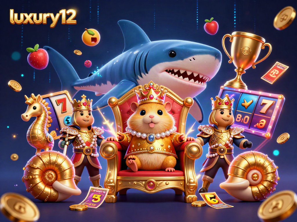 Engaging illustration of luxury12 featuring a golden hamster king surrounded by slot elements, promoting exciting gameplay.