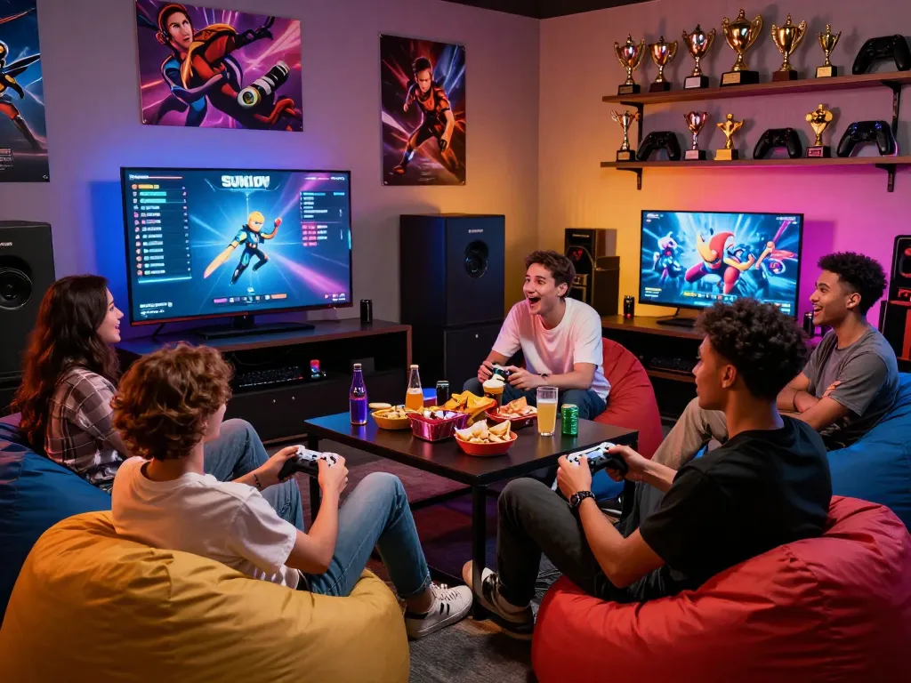 Diverse group enjoying thrilling gaming session on Sun Win platform with vibrant atmosphere.