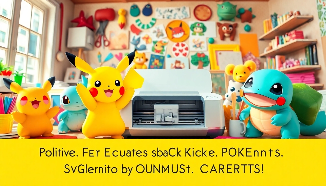 Colorful Pokémon SVG characters in a crafting scene with Cricut tools, perfect for creative projects.
