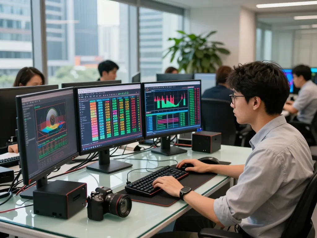 Hasil Pengeluaran HK Lotto ditampilkan di monitor dalam kantor analitik yang dinamis.