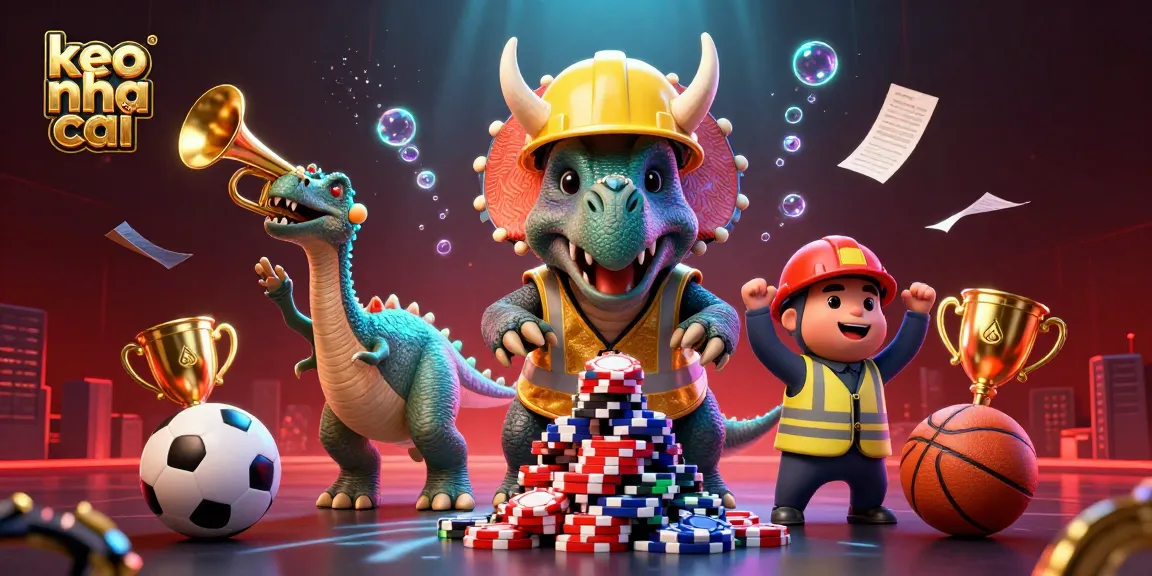 Engage with keo nha cai as a triceratops builds a poker chip pyramid amidst sports betting elements.