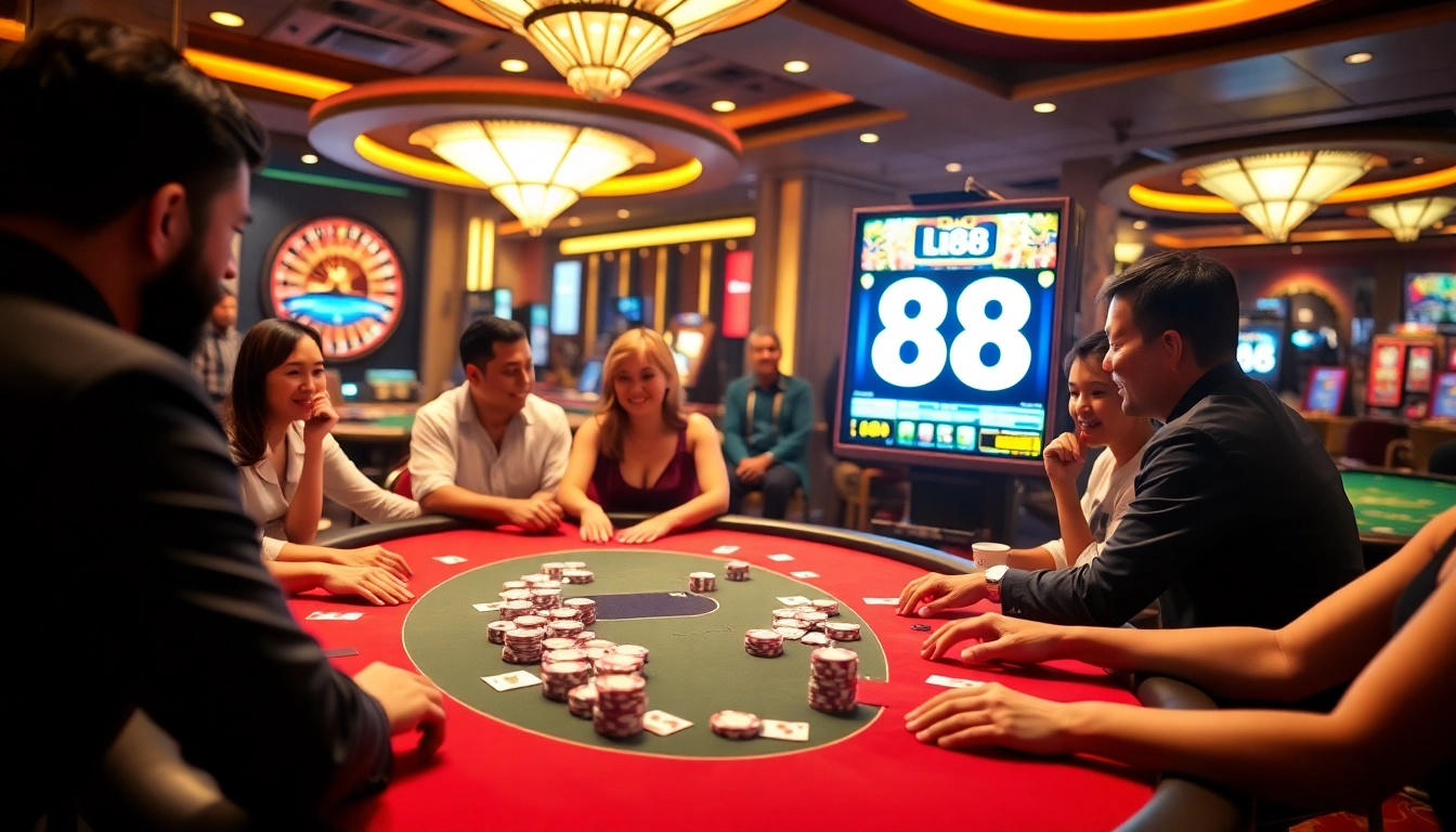 Gambling enthusiasts enjoy a poker game at a luxurious casino table with U88 prominently displayed on a slot machine.