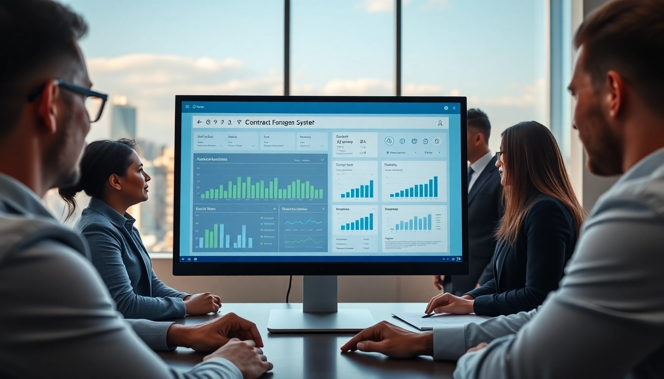 Enhancing Contract Management with a digital interface showcasing collaborative professionals in a modern office.