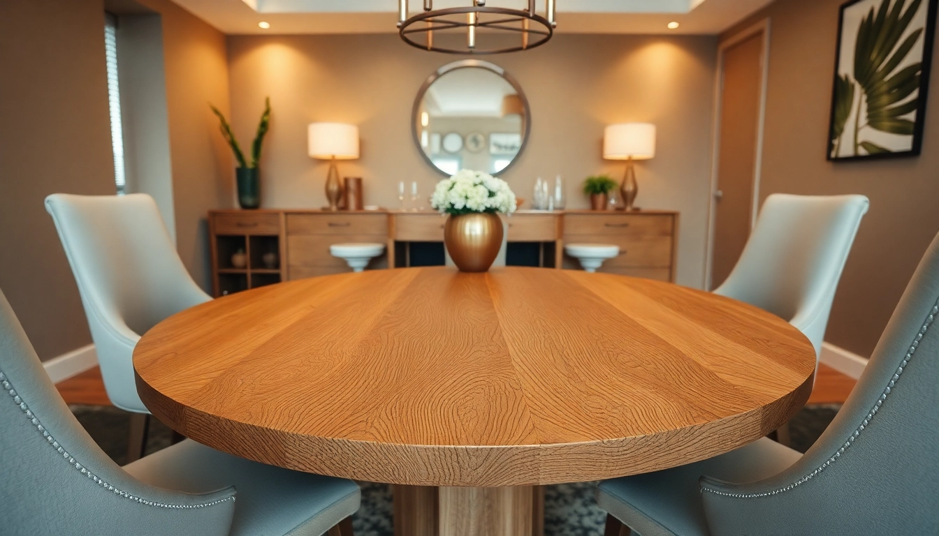 Round dining table showcasing solid hardwood craftsmanship in a modern dining setting.