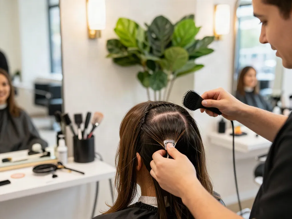 Client receiving scalp hair fill-ins treatment in a cozy salon, showcasing transformation and stylist's skill.