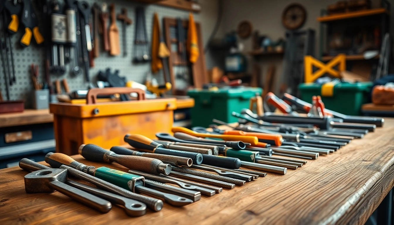 Koken tools displayed creatively on a workbench, featuring precise craftsmanship and inviting aesthetics.