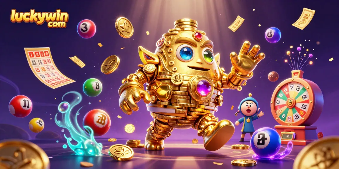 Spin and win at luckywin com with colorful lottery balls and golden prizes in a vibrant casino scene.