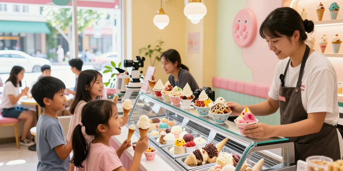 Customers enjoying extraordinary ice cream creations at ROKOK88, vibrant atmosphere with colorful flavors.