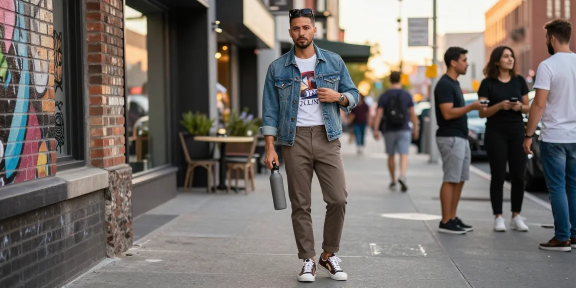 Man showcasing trendy men's fashion in a stylish urban outfit, embodying modern street style.