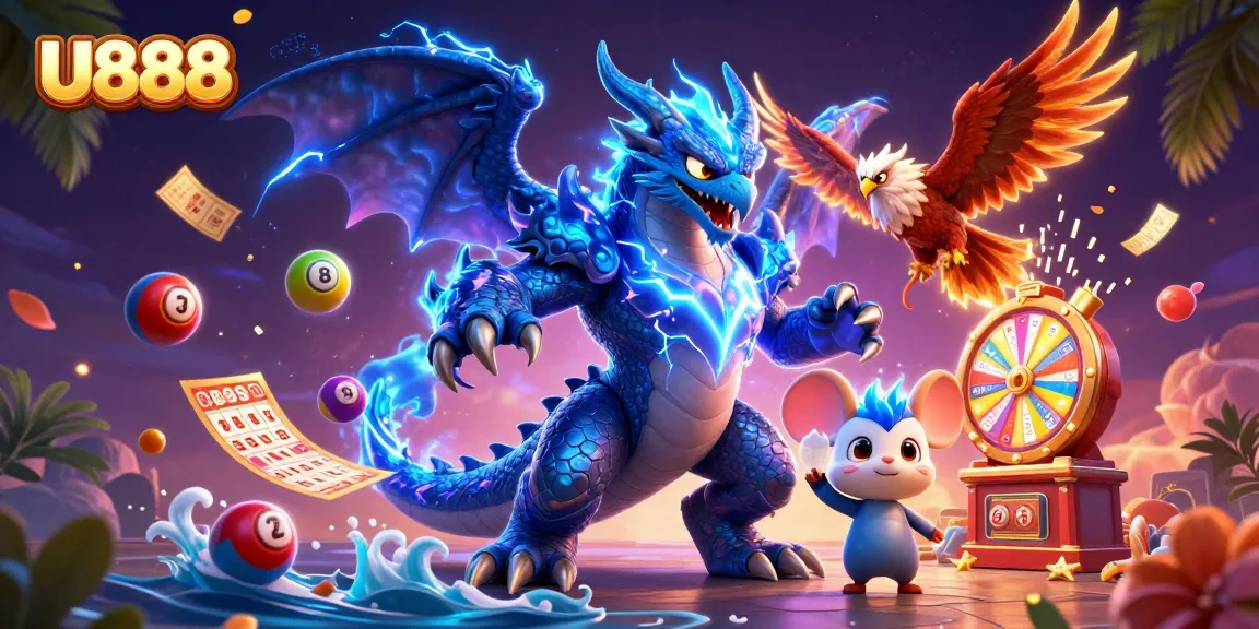Experience the excitement of U888 with vibrant elements and dynamic characters in this thrilling casino scene.
