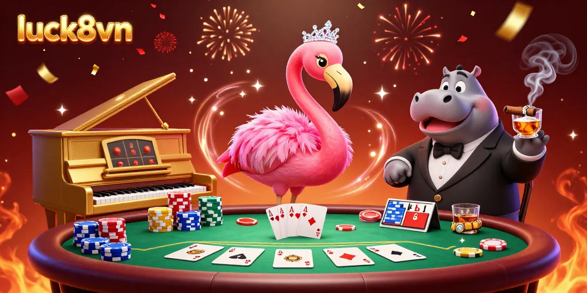 Experience the vibrant casino ambiance with luck8vn's lively characters, poker action, and energetic atmosphere.