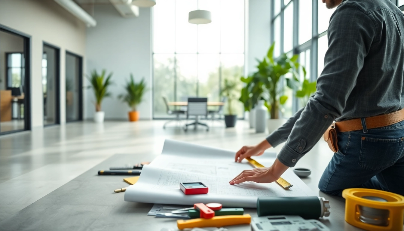 Office renovation contractor Austin measures and designs a bright, modern office space.