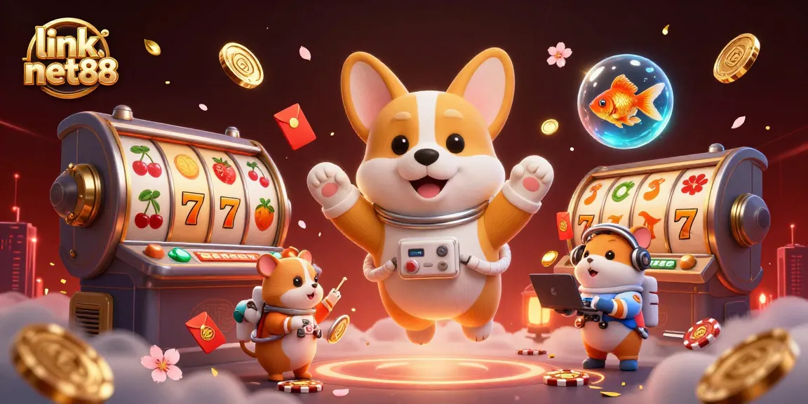 Engage in exciting gameplay with link net88 as a cartoon astronaut corgi explores a vibrant space casino.