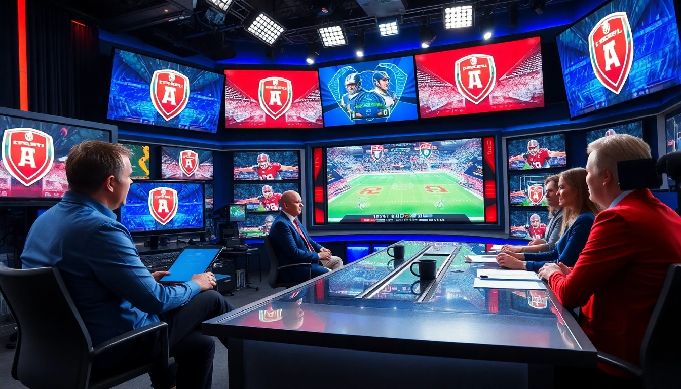 Engaging scene of sports broadcasting featuring dynamic hosts and live game feeds.