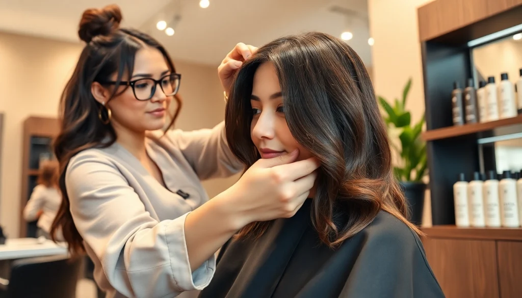 Hair stylist performing a perm in a welcoming San Diego salon showcasing Aveda products.
