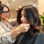 Hair stylist performing a perm in a welcoming San Diego salon showcasing Aveda products.