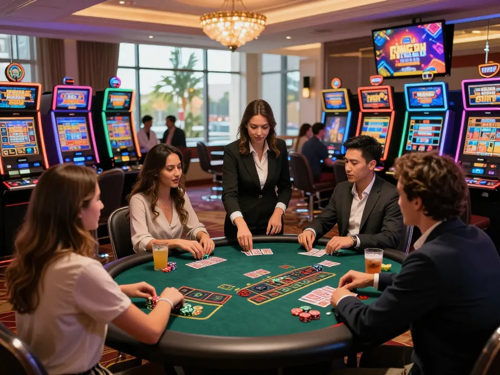 Exciting gambling scene at 789club casino with friends at blackjack table.
