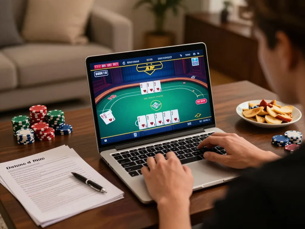 Engaging in online poker at home with FC88, showcasing strategic gameplay and responsible gambling.