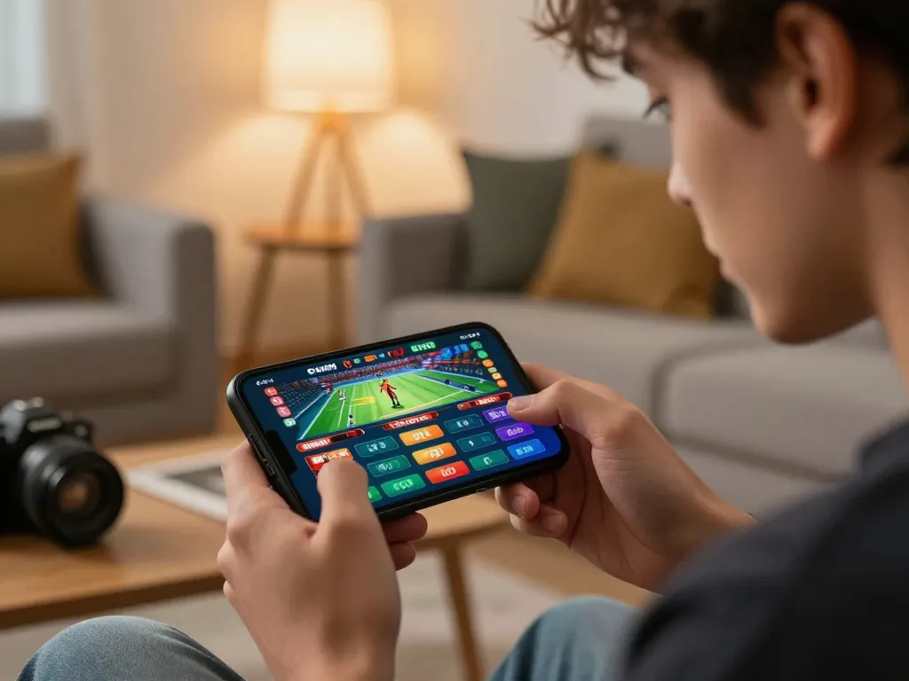 Engaging sports betting experience on smartphone at home, featuring https://go8.onl/ with live betting options.