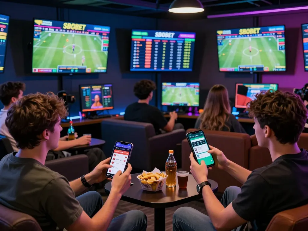 SBOBET fans engaging in live sports betting on multiple screens, capturing excitement and interaction.