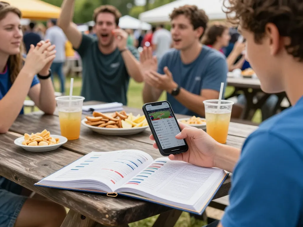 Berpartisipasi dalam Judi Bola Resmi sambil menganalisis odds taruhan olahraga langsung di smartphone di luar ruangan.