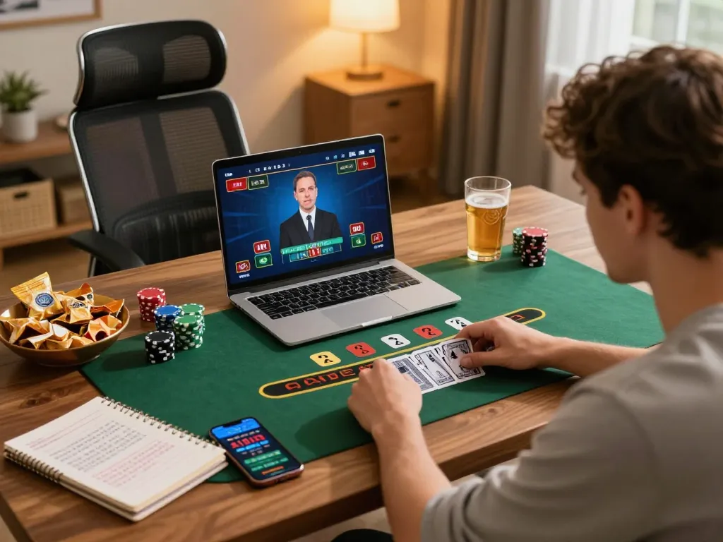 Player enjoying a sunwingo online blackjack game on a laptop, showcasing strategic gameplay in a cozy setting.