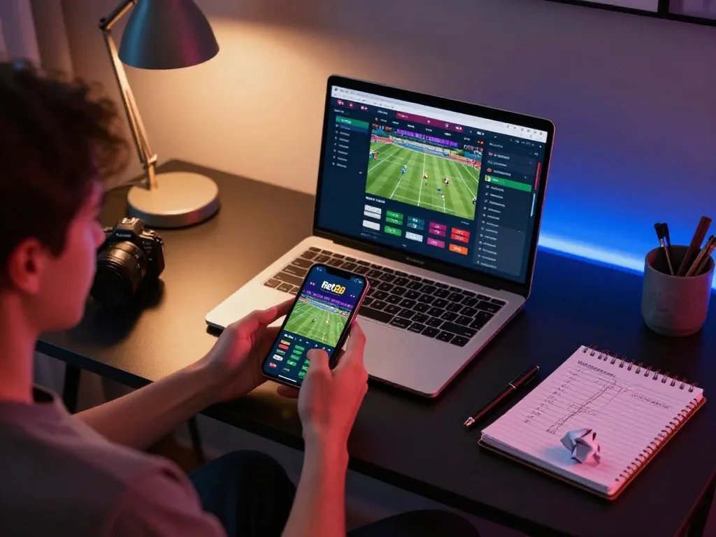Engaged user placing bets on net88 sportsbook app from a modern home setup, showcasing the excitement of online gambling.