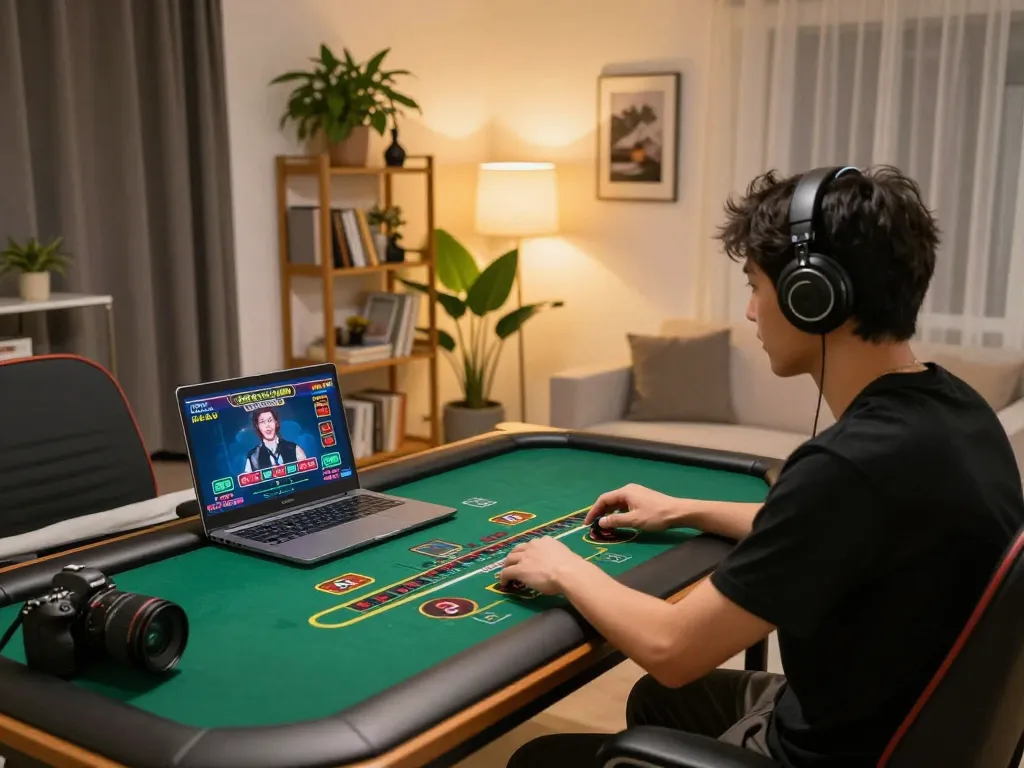 Player enjoying xo88 online casino games on a laptop with vibrant home decor.