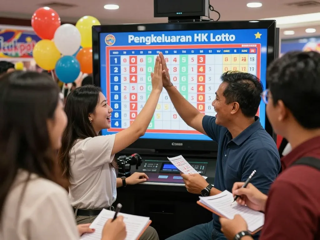 Pemain yang bersemangat merayakan hasil Pengeluaran HK Lotto secara langsung dalam suasana lotere yang hidup.