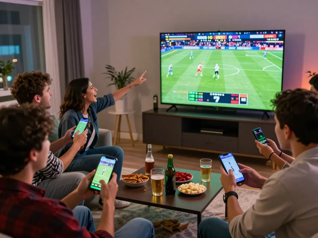 Kegembiraan taruhan mobile SBOBET saat teman-teman terlibat dalam taruhan olahraga langsung selama pertandingan.