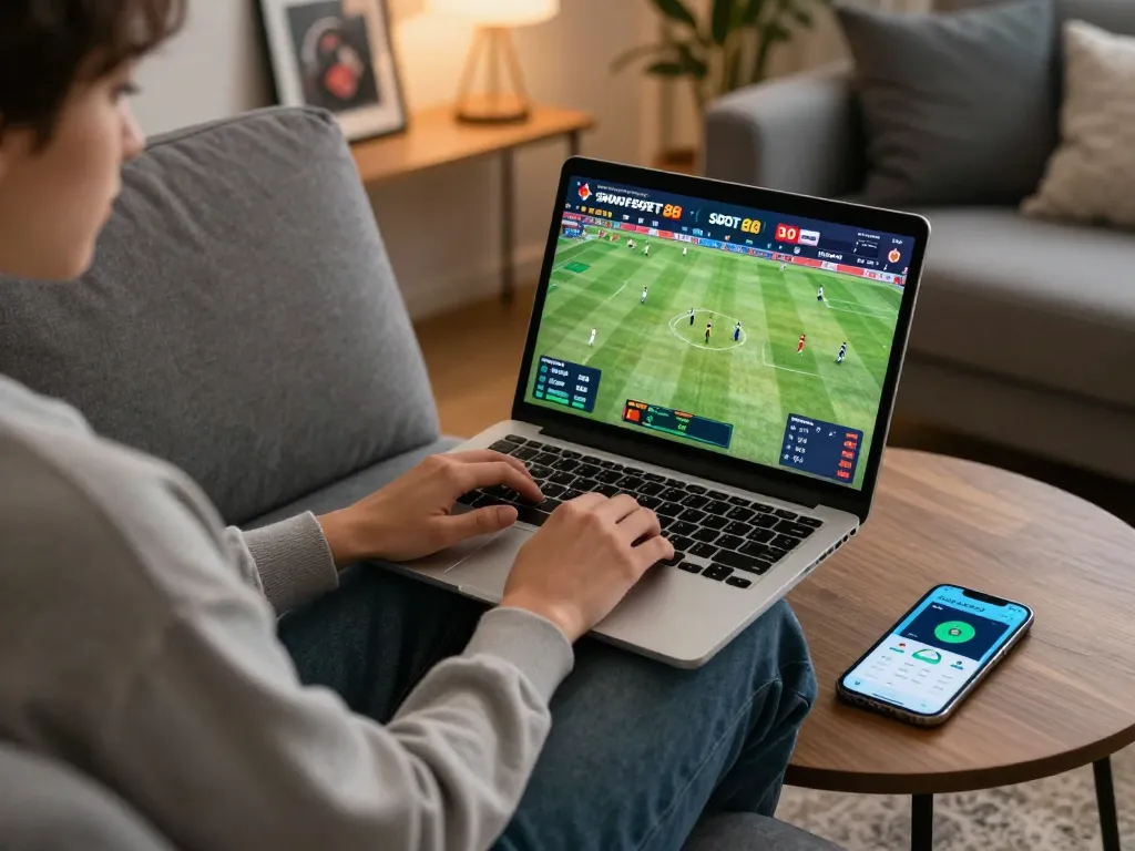 Scene taruhan olahraga online SBOBET88, menampilkan pemain yang terlibat dengan odds pertandingan langsung dan aplikasi kasino di laptop.