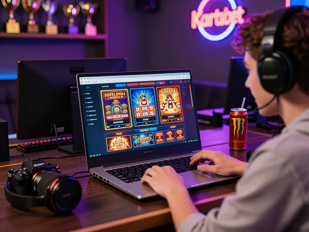 Kartubet88 online gaming experience with diverse casino games displayed on a laptop in a vibrant environment.