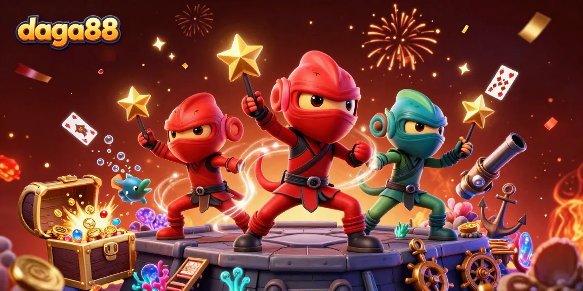 Daga88 offers thrilling adventures as a dynamic chameleon team battles for big wins among vibrant casino elements.