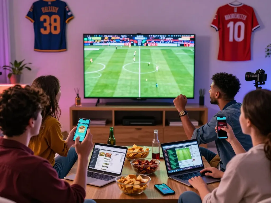 Friends enjoying sports betting live on https://okfun.onl/ in a lively home setting with snacks and drinks.