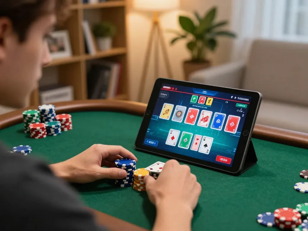 88xeng player engaging in online poker with vibrant tablet interface and poker chips.