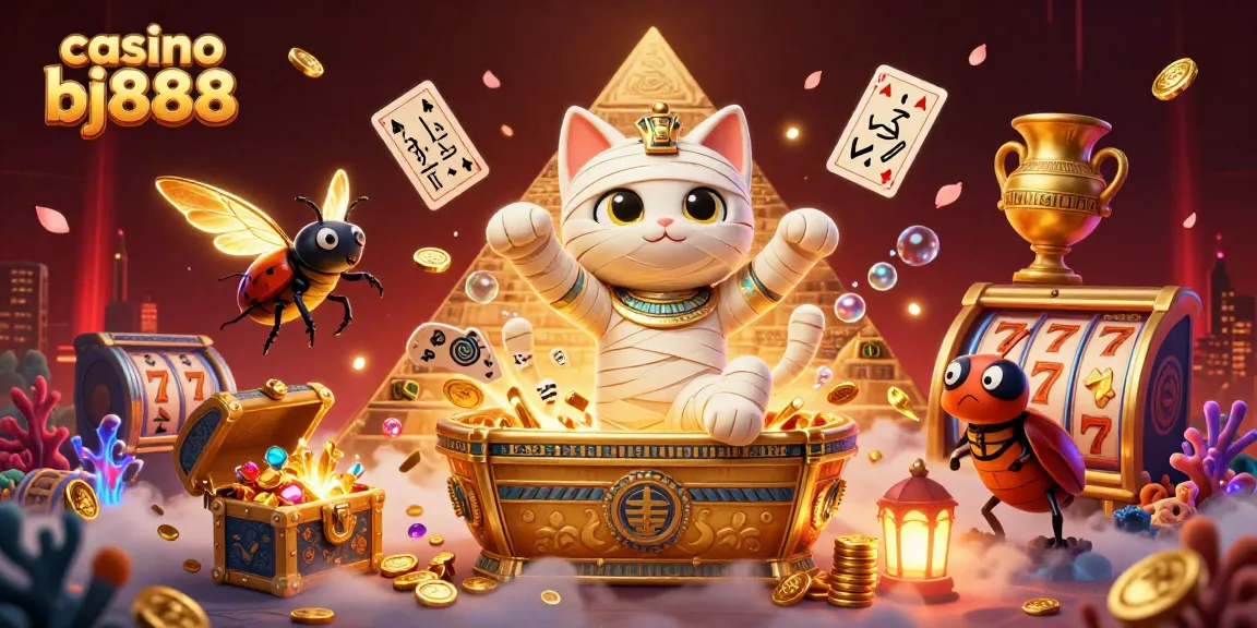 Engage with exciting games at casino bj888, featuring a vibrant Egyptian-themed illustration of iconic characters.