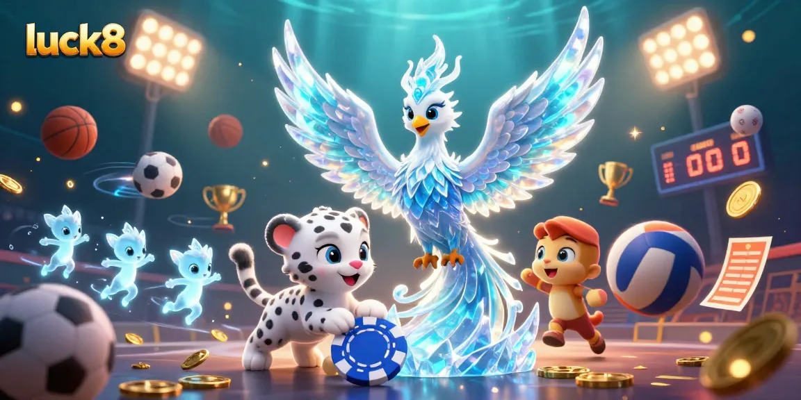 Engage with luck8 in a vibrant casino-themed scene featuring an ice phoenix, tokens, and lively sports elements.