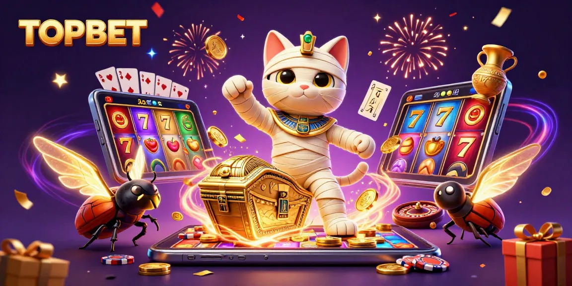 Win big with TOPBET in this exciting 3D scene featuring a cartoon mummy cat and thrilling casino elements.
